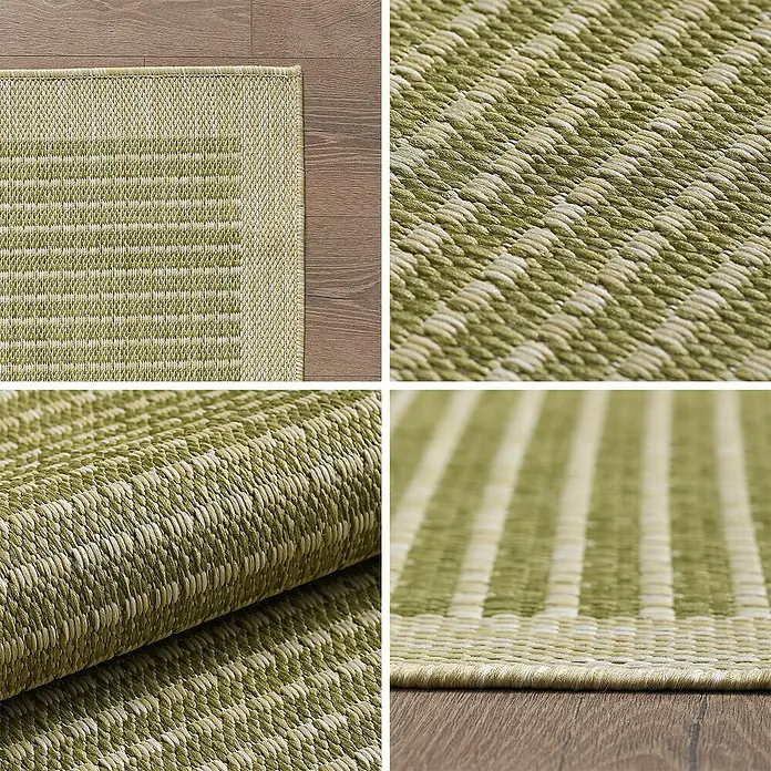 Outdoor-Teppich Giza 1410 - Grün, 170 x 120 cm, 100 % Polypropylen - Nahaufnahme eines grün-beige gestreiften Teppichs mit detaillierter Textur und Rand.