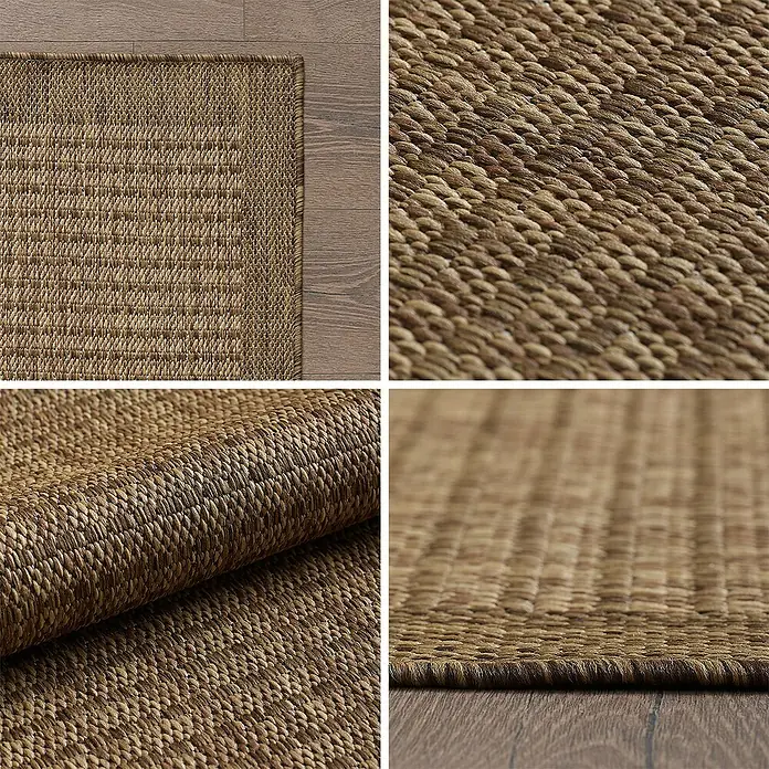 Outdoor-Teppich Giza 1410 - Braun, 170 x 120 cm, 100 % Polypropylen - Nahaufnahme eines braunen Outdoor-Teppichs mit gewebter Textur, der auf einem Holzboden liegt und seine robuste Konstruktion zeigt.