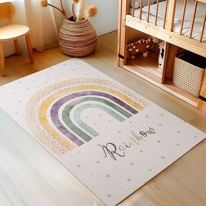 Kinderteppich Play 2018 - Creme, 170 x 120 cm, 100 % Polypropylen - Kinderzimmer-Teppich mit Regenbogenmotiv. Der Teppich ist mit kleinen Sternen verziert und hat eine helle Farbgebung, ideal für Kinder.