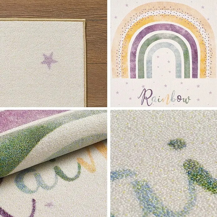 Kinderteppich Play 2018 - Creme, 170 x 120 cm, 100 % Polypropylen - Detailansicht eines bunten Kinderteppichs mit Sternen und Regenbogenmotiv.