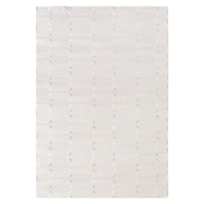 Kurzflorteppich Doha 1654 - Creme, 340 x 240 cm, 100 % Polypropylen - Weißer Matratzenbezug mit sich wiederholendem geometrischem Muster aus texturiertem und glattem Stoff.