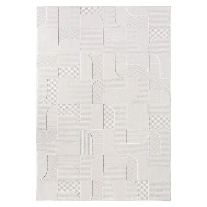 Kurzflorteppich Doha 1651 - Creme, 150 x 80 cm, 100 % Polypropylen - Weiße Strukturfliese mit abstraktem geometrischem Muster (glatt, gepunktet, gestreift).