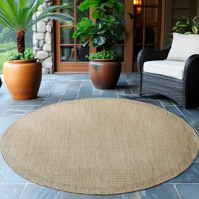 Outdoor-Teppich Giza 1410 - Beige, Durchmesser: 160 cm, 100 % Polypropylen - Ein ovaler, geflochtener Teppich aus Sisal liegt auf einer Terrasse mit Pflanzen und einem Sessel. Der Teppich verleiht der Außenumgebung Wärme.