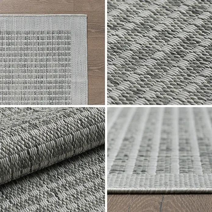 Outdoor-Teppich Giza 1410 - Grau, 340 x 240 cm, 100 % Polypropylen - Detailansicht eines strukturierten, grauen Teppichs mit geometrischem Muster und feiner Webstruktur.