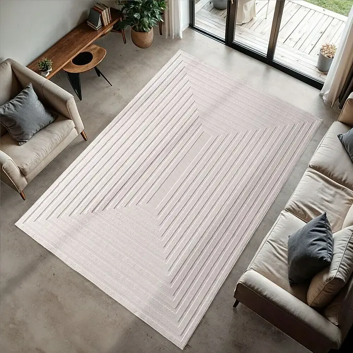Kurzflorteppich Doha 1653 - Creme, 370 x 280 cm, 100 % Polypropylen - Ein stilvoller Teppich mit einem geometrischen Muster, der jedem Raum eine moderne Note verleiht. Er ist rechteckig und hell.