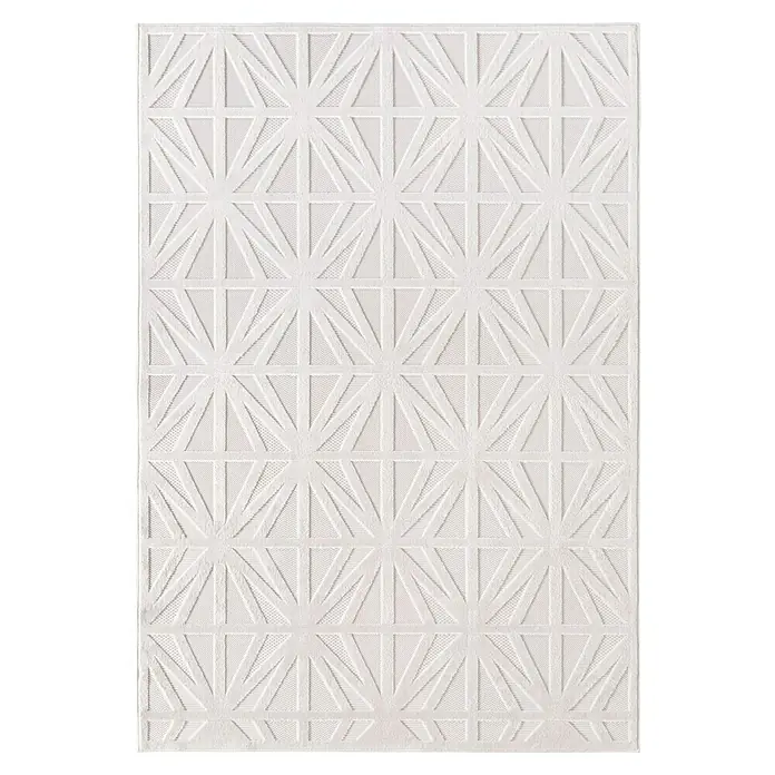 Kurzflorteppich Doha 1655 - Creme, 370 x 280 cm, 100 % Polypropylen - Weißer strukturierter Stoff mit geprägtem geometrischem Muster aus strahlenden Dreiecken in Quadraten.