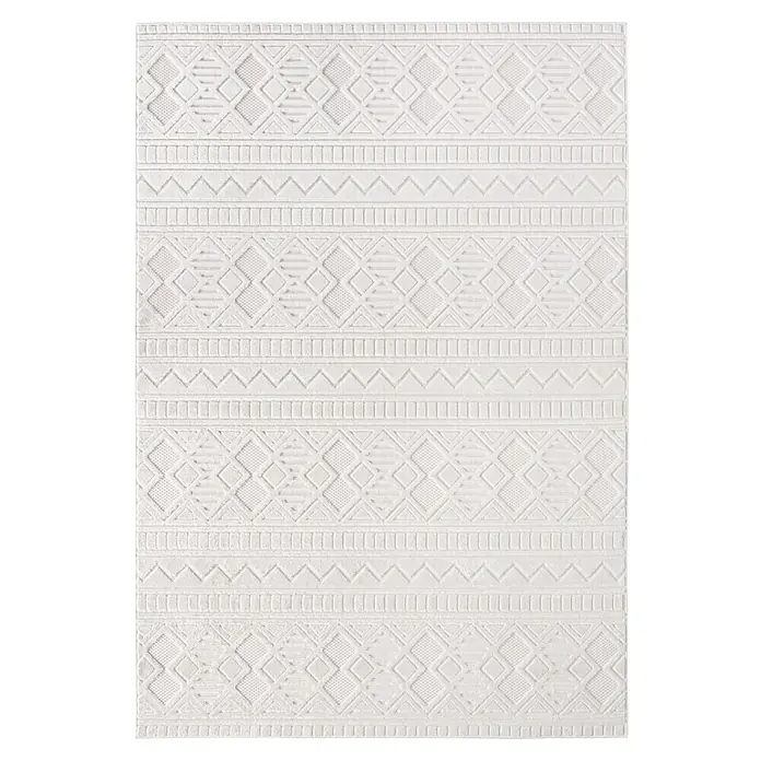 Kurzflorteppich Doha 1652 - Creme, 170 x 120 cm, 100 % Polypropylen - Weißer rechteckiger Teppich mit strukturierten geometrischen Mustern: Rauten, Zickzack und Balken.