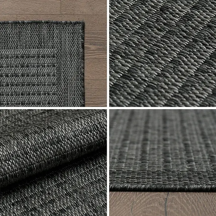 Outdoor-Teppich Giza 1410 - Schwarz, Durchmesser: 200 cm, 100 % Polypropylen - Nahaufnahme eines grauen Teppichs mit Textur, der die Details und die Verarbeitung des Teppichs hervorhebt.