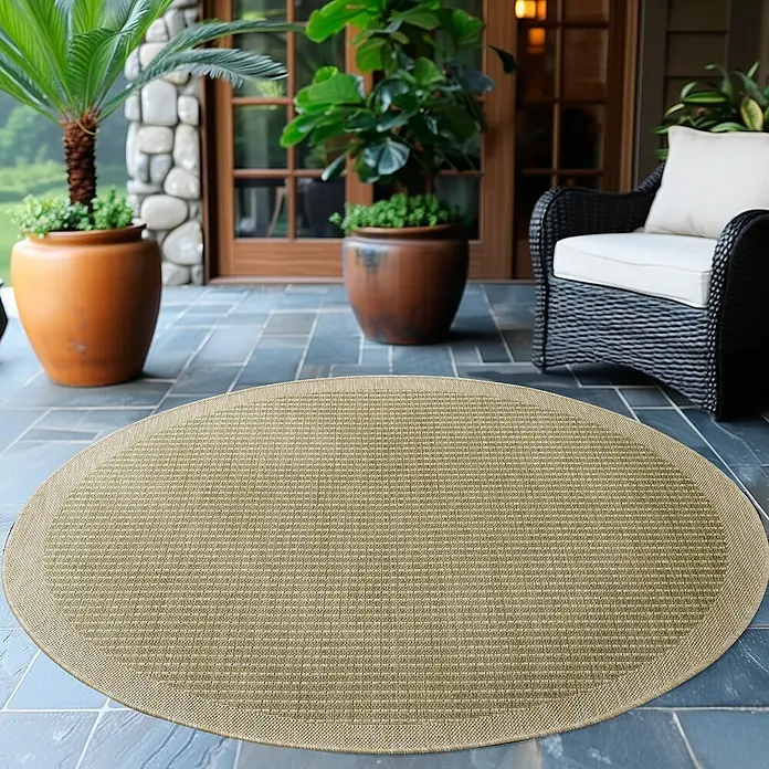Outdoor-Teppich Giza 1410 - Grün, Durchmesser: 160 cm, 100 % Polypropylen - Ein ovaler, beiger Teppich liegt auf einer Terrasse mit Pflanzen und einem Stuhl. Der Teppich hat eine feine, gewebte Textur und einen schmalen Rand.