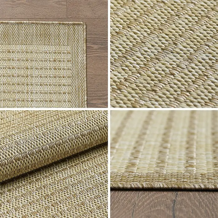 Outdoor-Teppich Giza 1410 - Beige, 370 x 280 cm, 100 % Polypropylen - Nahaufnahme eines Sisalteppichs in verschiedenen Texturen und Mustern, der die hochwertige Verarbeitung hervorhebt.