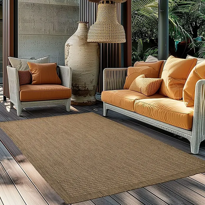 Outdoor-Teppich Giza 1410 - Braun, 170 x 120 cm, 100 % Polypropylen - Ein beiger Teppich liegt auf einer Terrasse mit Rattanmöbeln. Er verleiht dem Aussenbereich Wärme und Komfort.