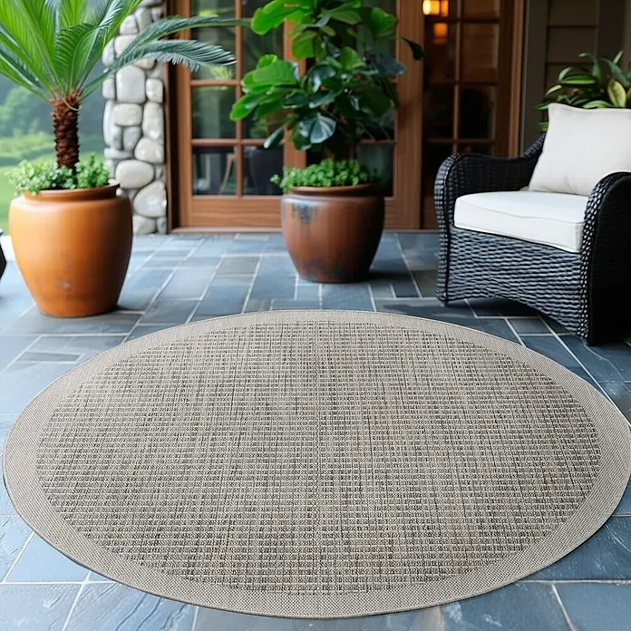 Outdoor-Teppich Giza 1410 - Grau, Durchmesser: 120 cm, 100 % Polypropylen - Ein ovaler Outdoor-Teppich in Beige liegt auf einer blauen Terrasse, umgeben von Pflanzen und einem Korbstuhl.