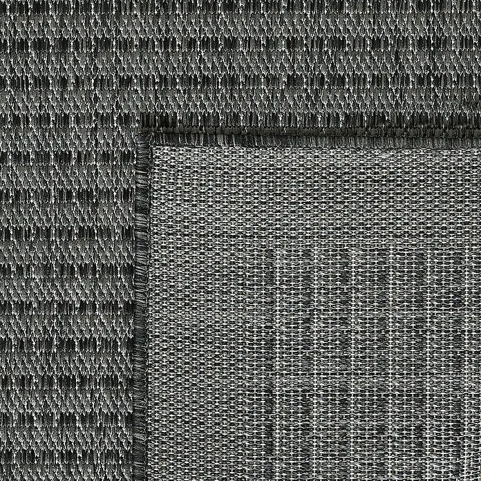 Outdoor-Teppich Giza 1410 - Schwarz, Durchmesser: 200 cm, 100 % Polypropylen - Detailaufnahme eines grauen Teppichs mit unterschiedlichen Webmustern, die eine interessante Textur erzeugen.