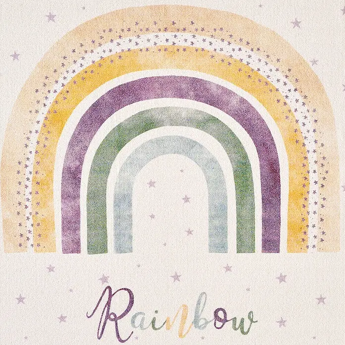 Kinderteppich Play 2018 - Creme, 170 x 120 cm, 100 % Polypropylen - Aquarellbild eines Regenbogens mit Sternen und dem Schriftzug "Rainbow". Schöne Dekoration fürs Kinderzimmer.