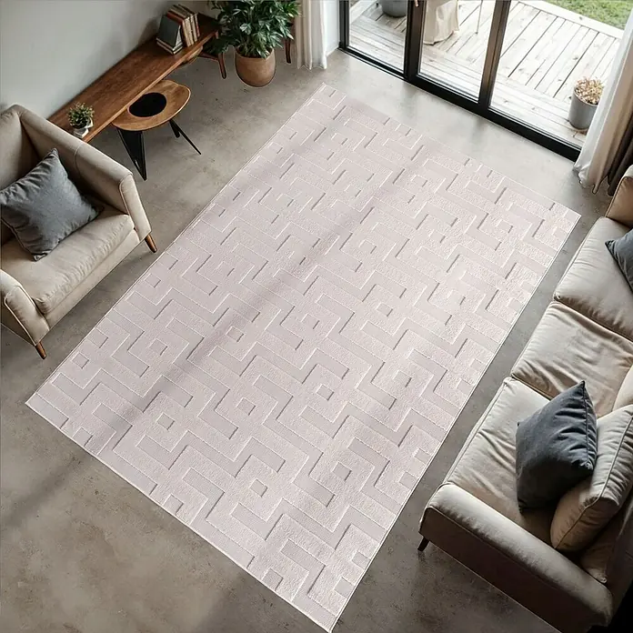 Kurzflorteppich Doha 1656 - Creme, 150 x 80 cm, 100 % Polypropylen - Ein rechteckiger Teppich mit einem geometrischen Muster, der sich perfekt in das Wohnzimmer einfügt.