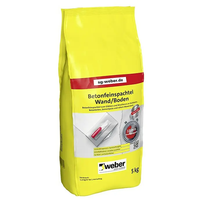 SG Weber Betonfeinspachtel Schnell - 5 kg, Kunststoffvergütet - Abbildung eines 5-kg-Sacks Weber Betonfeinspachtel Wand/Boden zum Glätten und Nivellieren von Beton, Putz und Mauerwerk mit kurzer Verarbeitungszeit.