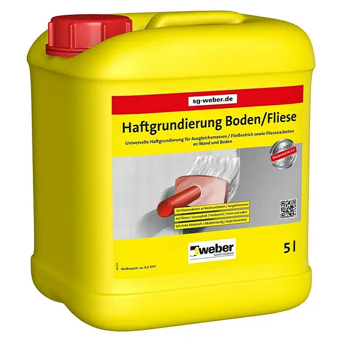 SG Weber Haftgrund Boden/Fliese - 5 l, Materialeignung: Beton - Haftgrundierung Boden/Fliese im gelben Kanister. Universelle Grundierung für Wand- und Bodenfliesenarbeiten, ideal für verschiedene Untergründe.
