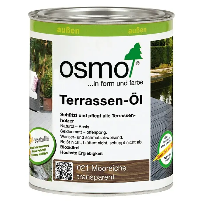 Osmo Terrassen-Öl - Mooreiche, 750 ml, Seidenmatt - Terrassenöl von Osmo für den Außenbereich. Schützt und pflegt Terrassenhölzer, ist wasserabweisend und biozidfrei.