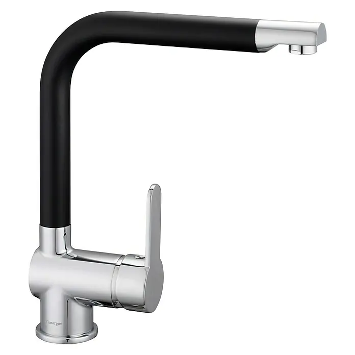 Camargue Spültischarmatur Barcelona - Niederdruck, Schwarz/Chrom, Glänzend - Eine moderne Küchenarmatur mit einem schwarzen, gebogenen Auslauf und einem glänzenden Chromsockel mit Hebel, die Eleganz und Funktionalität vereint.