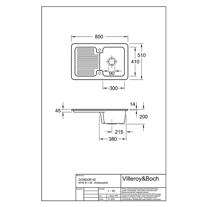 Villeroy & Boch Einbauspüle Condor - 80 x 51 cm, Steinzeug, Graphit - Bild einer schematischen Zeichnung der Spüle Villeroy & Boch Condor 45, mit Maßen und technischen Details.