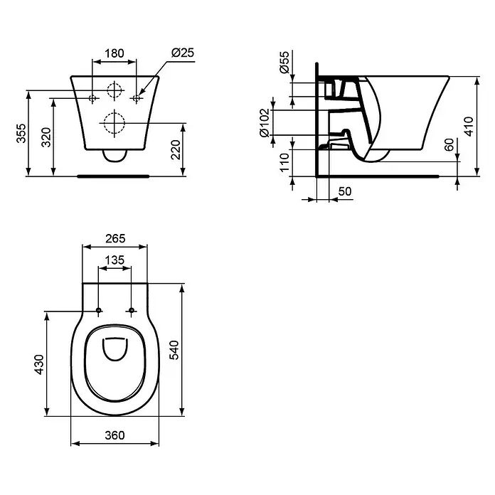 Ideal Standard Connect Air Wand-WC AquaBlade - Spülrandlos, Ohne Spezialglasur, Spülform: Tief, WC Abgang: Waagerecht, Weiß - Detaillierte technische Zeichnung eines WC-Beckens mit Maßangaben für Installation und Design, inklusive Durchmesser und Abstände.