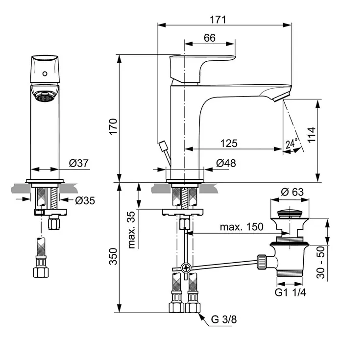 Ideal Standard Connect Air Waschtischarmatur - Chrom, Glänzend - Abbildung der Sanitärarmatur mit Bemaßung. Die Armatur ist detailliert dargestellt mit allen relevanten Maßen für die Installation.