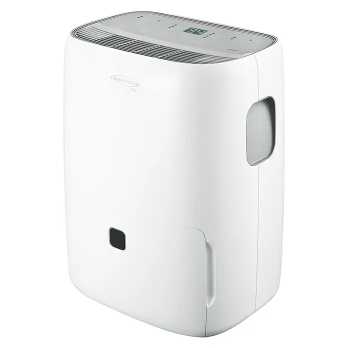 TCL Deshumidificador eléctrico DEA 25 - 350 W, Potencia de deshumidificación: 25 l/día, L x An x Al: 42 x 32 x 53,5 cm, Blanco - En la imagen se ve un deshumidificador SoleusAir TCL blanco, que elimina la humedad del aire. El aparato tiene una pantalla digital y un asa.