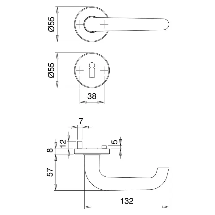 Stabilit Zimmertürgarnitur - Durchmesser Rosette: 55 mm - Technische Zeichnung einer Türgriffgarnitur mit Maßen, inklusive Rosette und Drücker, zur Veranschaulichung der Produktabmessungen.