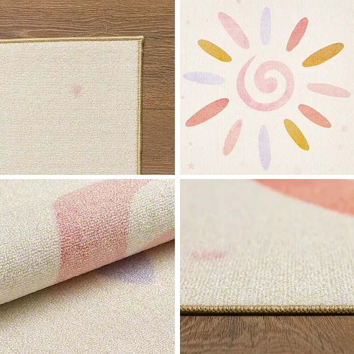 Kinderteppich Play 2021 - Creme, 170 x 120 cm, 100 % Polypropylen - Nahaufnahme eines Teppichs mit sonnigem Design, der Textur und Details zeigt.