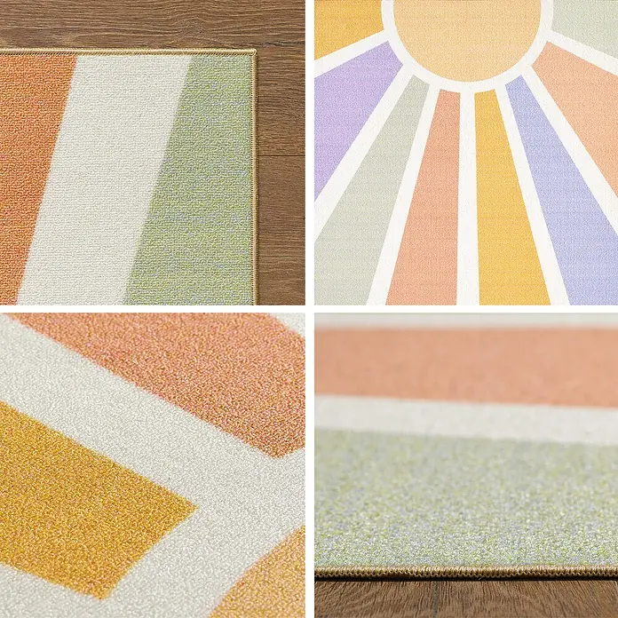 Kinderteppich Play 2020 - Bunt, 150 x 100 cm, 100 % Polypropylen - Nahaufnahme eines modernen Teppichs mit geometrischen Mustern und warmen Farben, ideal für ein stilvolles Zuhause.