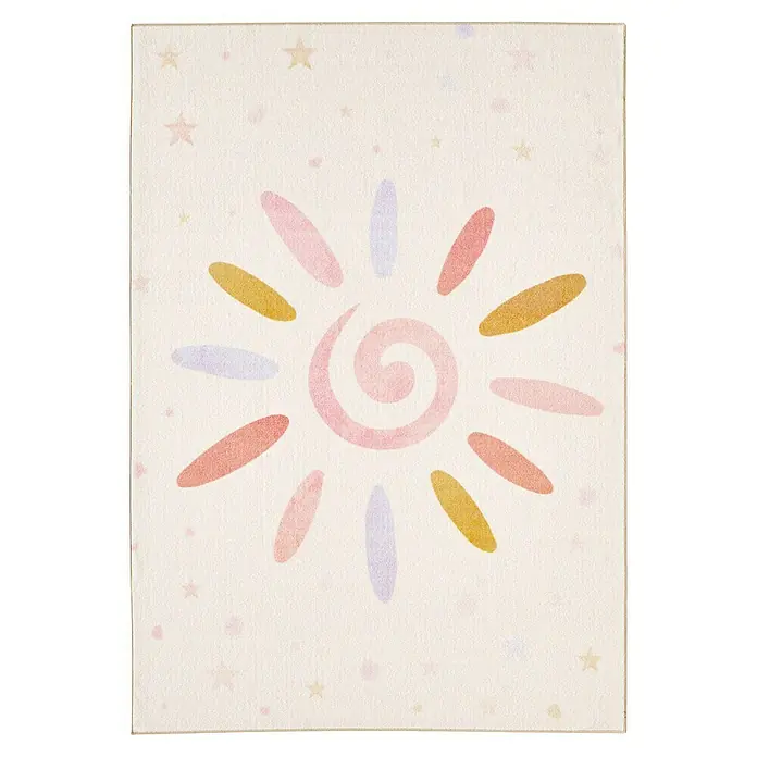 Kinderteppich Play 2021 - Creme, 170 x 120 cm, 100 % Polypropylen - Heller strukturierter Teppich mit spielerischem Sonnendesign in Rosa, Gold und Lila, umgeben von kleinen Sternen.