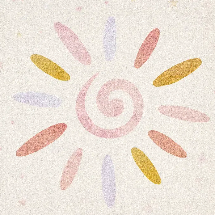 Kinderteppich Play 2021 - Creme, 170 x 120 cm, 100 % Polypropylen - Farbige Sonnengrafik mit pastellfarbenem Hintergrund, ideal für Kinderzimmer oder verspielte Designs.