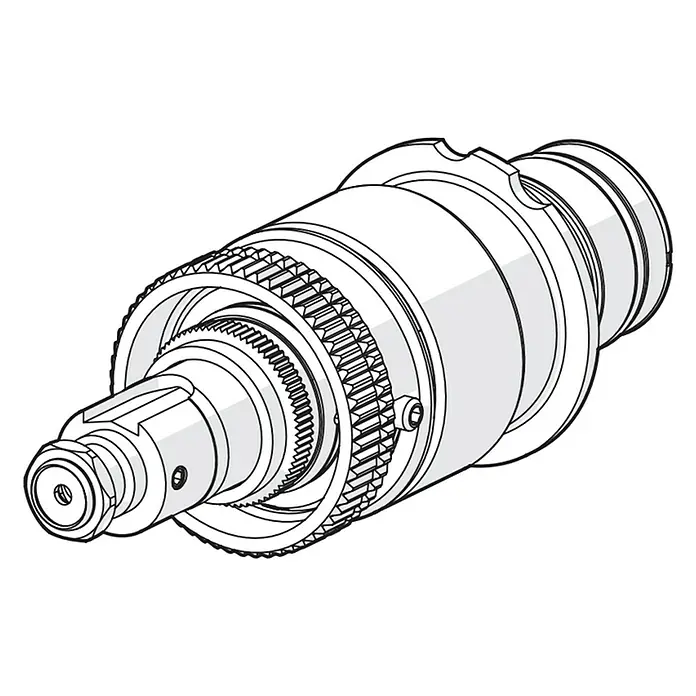 Hansa Temperaturreglereinheit inkl. Adapter - Messing, ½″ - Darstellung eines Getriebemechanismus mit Zahnrädern und einer Welle, technische Zeichnung.
