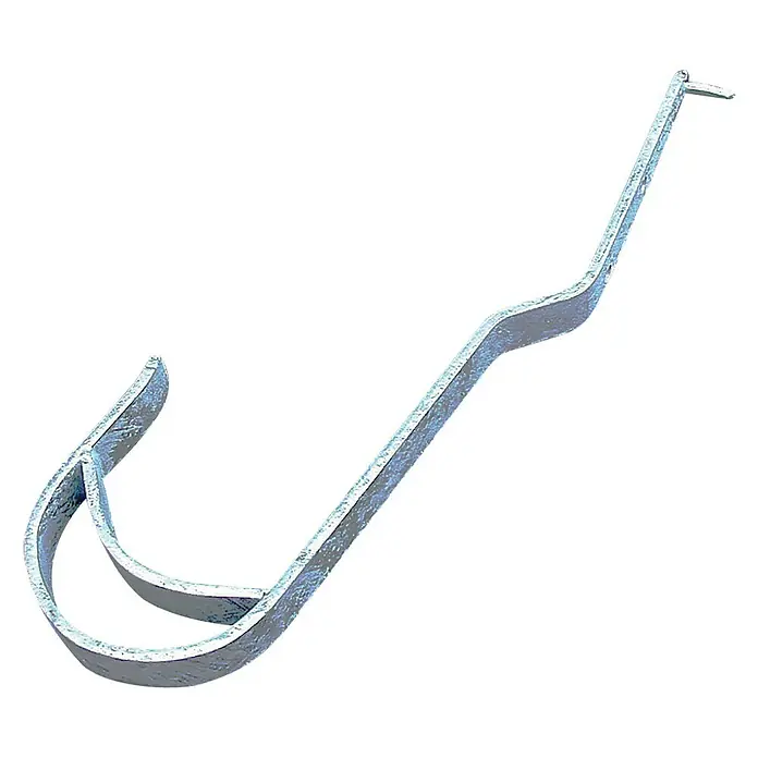 Krause Dachhaken - Materialeignung: Ziegel/Pfannen, Aluminium, Geeignet für: Dachleitern - Nahaufnahme eines verzinkten Dachrinnenhakens, der die robuste Bauweise und die Befestigungslasche hervorhebt.