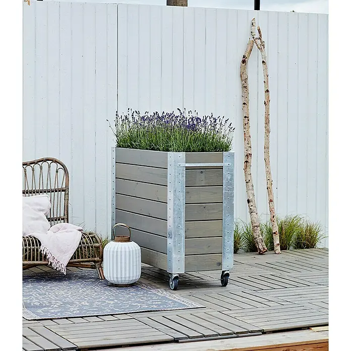 Plus Pflanzkasten Cubic - Außenmaß (L x B x H): 120 x 50 x 95 cm, Holz, Grau/Braun - Mobiler Pflanzkübel aus grauen Holzplanken und Metall, mit Lavendel gefüllt, auf einer Holzterrasse.