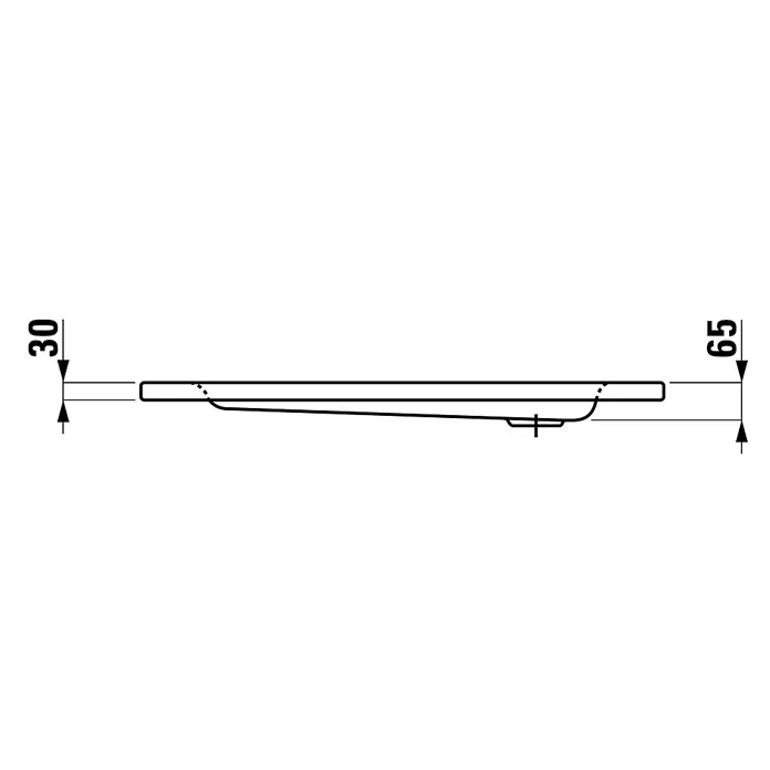 Sanicomfort Duschwanne - L x B: 90 x 90 cm, Stahl, Weiß - Technische Zeichnung eines flachen Bauteils mit schräger Unterseite, Maße 30 und 65.