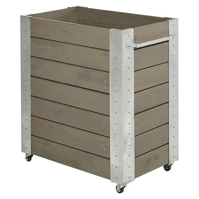 Plus Pflanzkasten Cubic - Außenmaß (L x B x H): 87 x 50 x 95 cm, Holz, Grau/Braun - Mobiler Blumenkasten aus Holz mit Metallecken und Griffen, graues Lattenholz auf Rollen.