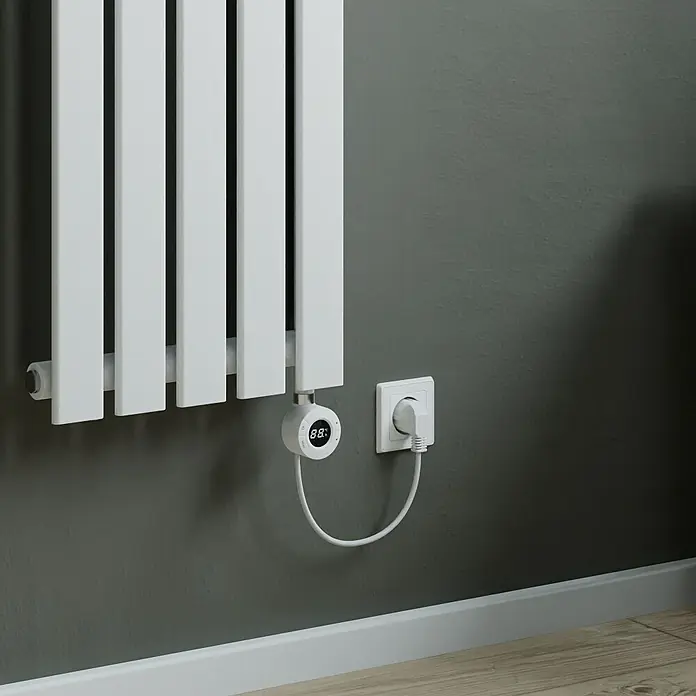 Elektro-Badheizkörper Stacy - B x H: 372 x 1.600 mm, Nennleistung: 700 W - Heizkörper mit Thermostatregler und Stecker in der Wand. Das Produkt ist in einem modernen Badezimmer angebracht.