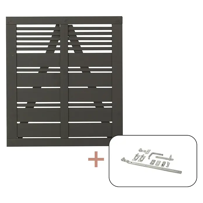 Plus Gartentor Silence inkl. Beschläge - 100 x 110 cm, Umbragrau, Holz - Ein grauer Fensterladen mit Beschlägen, der eine rustikale und dennoch elegante Note für jedes Zuhause bietet. Perfekt für den traditionellen Stil.