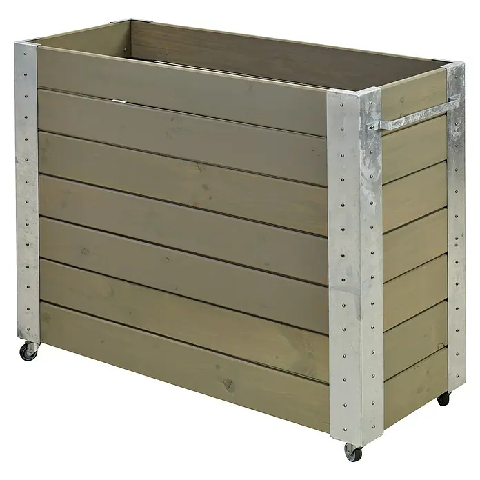 Plus Pflanzkasten Cubic - Außenmaß (L x B x H): 120 x 50 x 95 cm, Holz, Grau/Braun - Pflanzkasten aus Holz mit Metallecken und Rollen, hellgrün-braune Oberfläche.