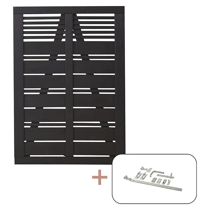 Plus Gartentor Silence inkl. Beschläge - 100 x 140 cm, Schwarz, Holz - Abbildung eines Holztors mit Beschlägen, ideal für rustikale oder traditionelle Hausdesigns.