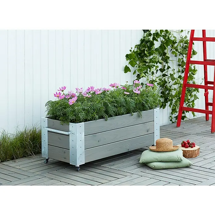 Plus Pflanzkasten Cubic - Außenmaß (L x B x H): 120 x 50 x 45 cm, Holz, Grau/Braun - Großer grauer Holz-Pflanzkasten auf Rollen, gefüllt mit rosa Kosmeen, auf einer Holzterrasse.
