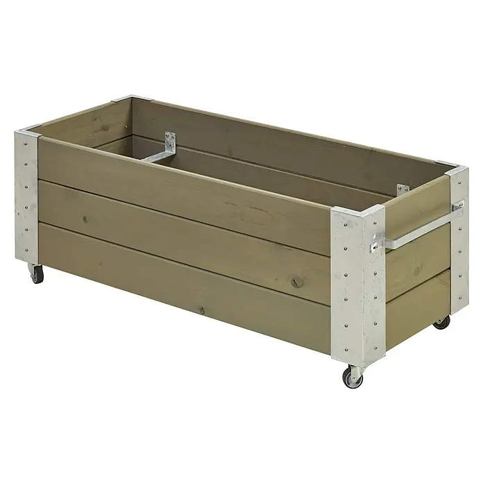 Plus Pflanzkasten Cubic - Außenmaß (L x B x H): 120 x 50 x 45 cm, Holz, Grau/Braun - Rechteckiger Holz-Pflanzkasten auf Rollen mit Metall-Eckverstärkungen.