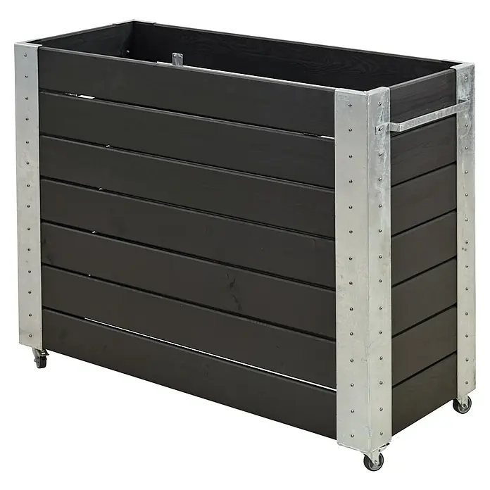 Plus Pflanzkasten Cubic - Außenmaß (L x B x H): 120 x 50 x 95 cm, Holz, Schwarz/Silber - Dunkelgrauer Holz-Pflanzkübel mit silbernen Metalleckbeschlägen und Rollen.