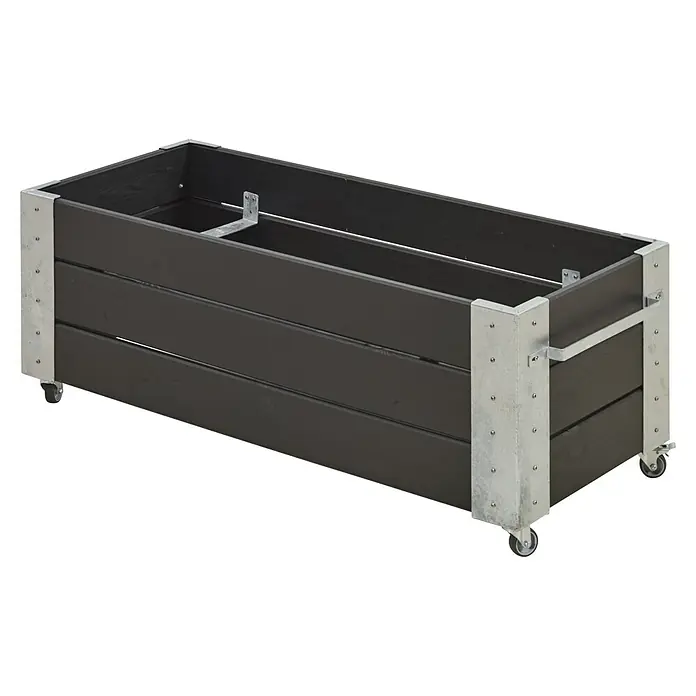 Plus Pflanzkasten Cubic - Außenmaß (L x B x H): 120 x 50 x 45 cm, Holz, Schwarz/Silber - Dunkle rechteckige Blumenkiste aus Holz mit silbernen Metallecken und Halterungen, auf Rollen.