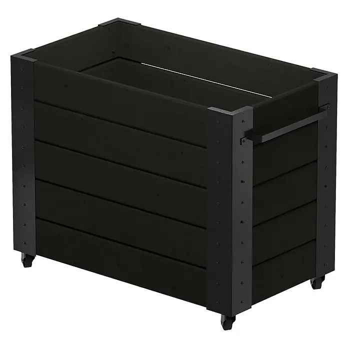 Plus Pflanzkasten Cubic - Außenmaß (L x B x H): 87 x 50 x 70 cm, Holz, Schwarz - Dunkler Holz-Pflanzkasten auf Rollen mit schwarzen Metalleckstützen.