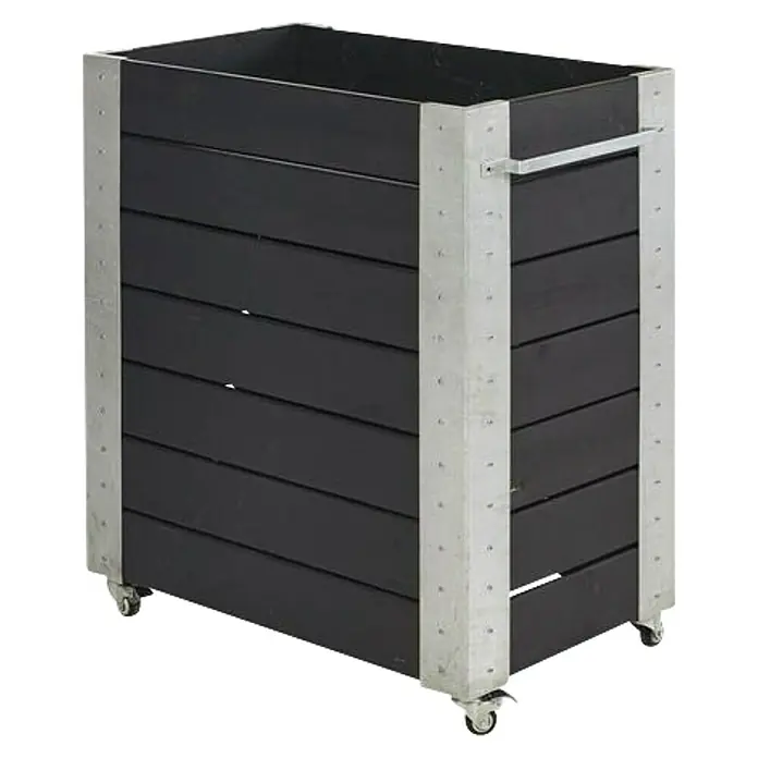 Plus Pflanzkasten Cubic - Außenmaß (L x B x H): 87 x 50 x 95 cm, Holz, Schwarz/Silber - Dunkelgrauer Lattenholzpflanzkasten auf Rollen mit silbernen Metalleckdetails.