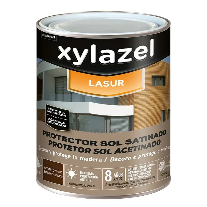 Xylazel Protección para madera Lasur Sol - Castaño, 2,5 l, Satinado - Xylazel Lasur protector para madera de exterior. Protege y decora la madera con protección UV hasta 8 años.