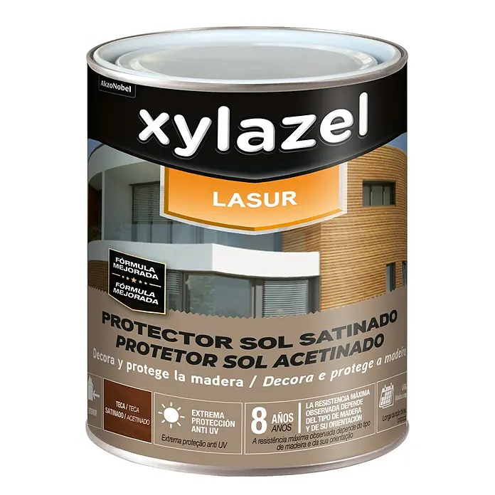 Xylazel Protección para madera Lasur Sol - Teca, 250 ml, Satinado - Bote de lasur para madera Xylazel Lasur: Acabado satinado para una belleza y protección duraderas de tus superficies de madera exteriores.