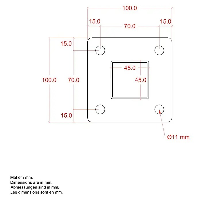 Plus Zaunpfosten mit Fuß für Handlauf - Höhe: 103,3 cm, Silber, Stahl, Gerade - Technische Zeichnung einer quadratischen Montageplatte mit Bohrungen und zentraler quadratischer Aussparung mit Bemaßungen.